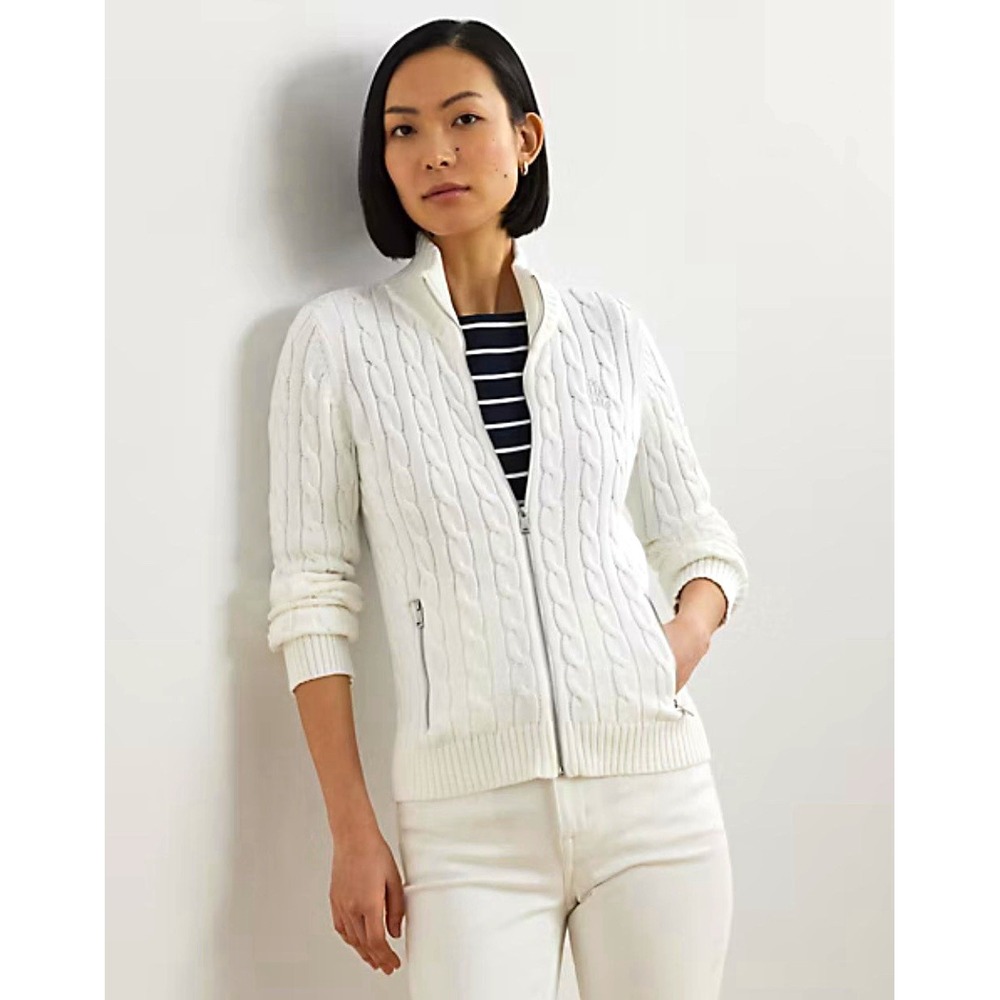 Lauren Ralph Lauren White Cable-Knit Full-Zip Sweater Mock Neck Size S NWOT
